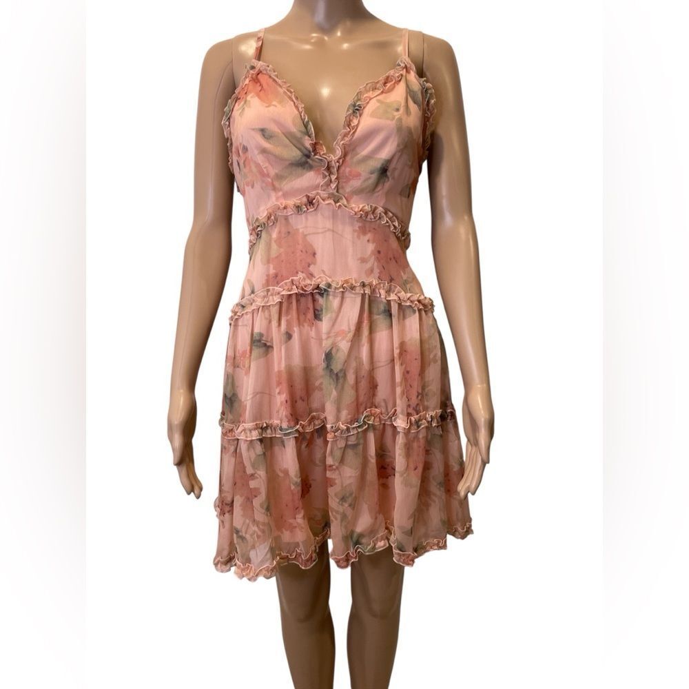 Windsor Floral Flirty Pink Ruffled Chiffon Mini Dress size L